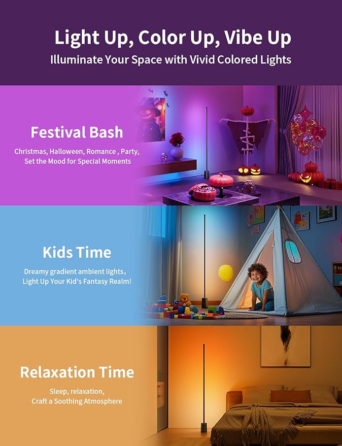 Ailofy Corner Floor Lamp, 1500lm RGBW Corner Lamp Work with Alexa & Google Assistant, 16 Million DIY Colors, Sync with Music, App Control, Modern LED Floor Lamp for Living Room & Bedroom, Black-CubbioJoy