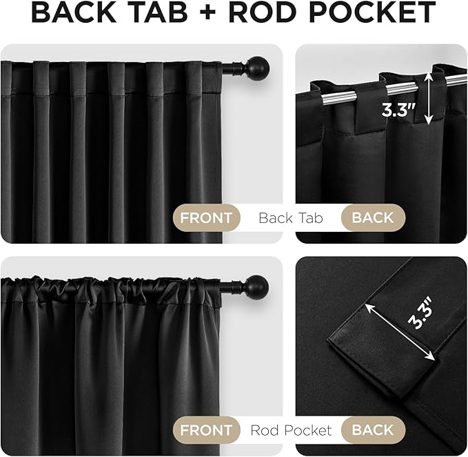 Joydeco 90 Inch Blackout Curtains for Bedroom, Thermal Insulated Black Out Curtains 2 Panels Set, Room Darkening Drapes for Living Room Window Rod Pocket Back Tab (W52 x L90 Inch, Black)-CubbioJoy