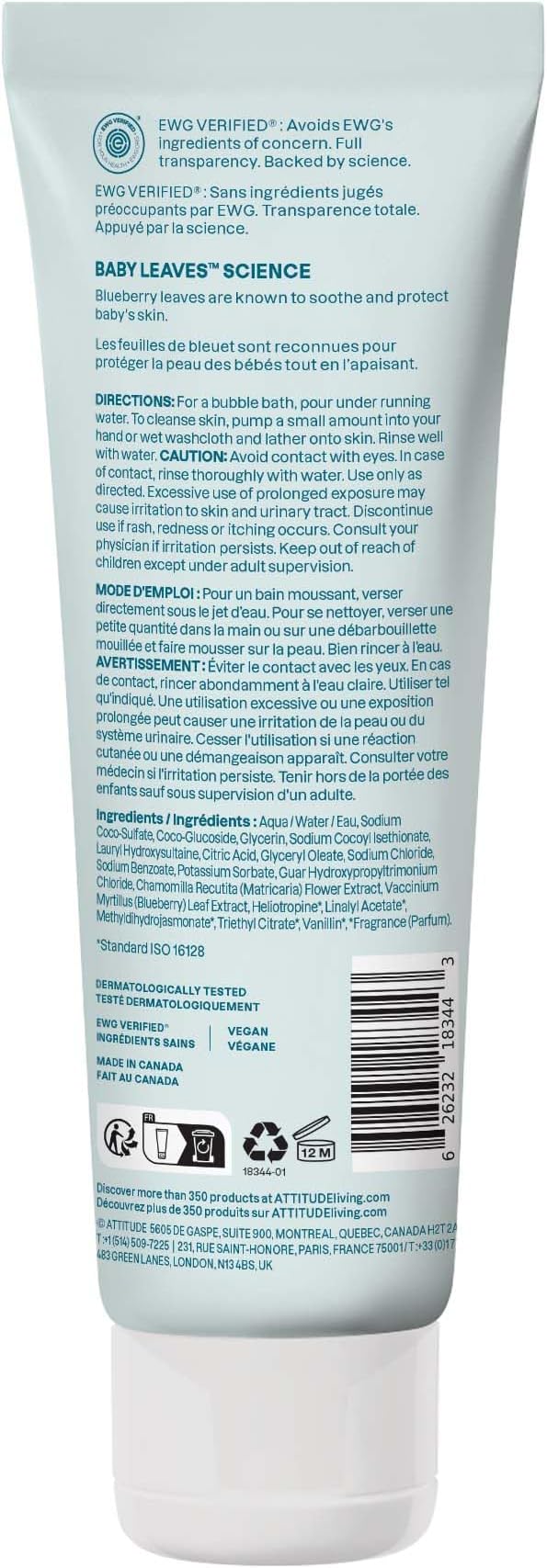 ATTITUDE Bubble Body Wash for Baby, EWG Verified, Dermatologically Tested, Plant and Mineral-Based, Vegan, Good Night, 8 Fl Oz-CubbioJoy