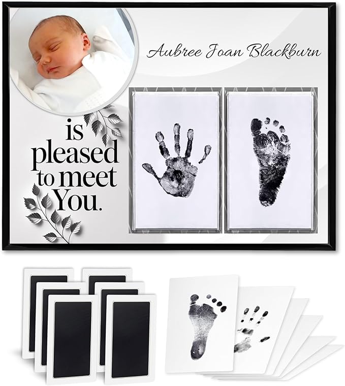 Baby Hand and Footprint Kit with Photo & Birth Details, Inkless Hand and Footprint Kit, Newborn Keepsake Plaque, Baby Shower Gifts (STYLE 1 (Fully Personalized) (Is Pleased To Meet You))-CubbioJoy