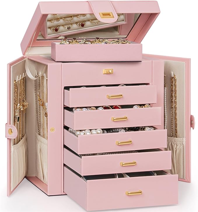 AKOZLIN 6-Tier Jewelry Box Organizer Functional 5 Drawers Leather Jewelry Storage Case for Women Girls Ring Necklace Earring Bracelet Holder Organizer with Mirror Pink-CubbioJoy