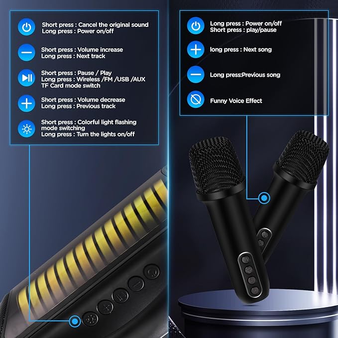 Karaoke Machine Portable Bluetooth Speaker with 2 Wireless Microphones Rechargeable Karaoke Machine for Kid and Adult Party PA Speaker Multiple LED Light Mode Support TWS/Radio/AUX/REC-CubbioJoy