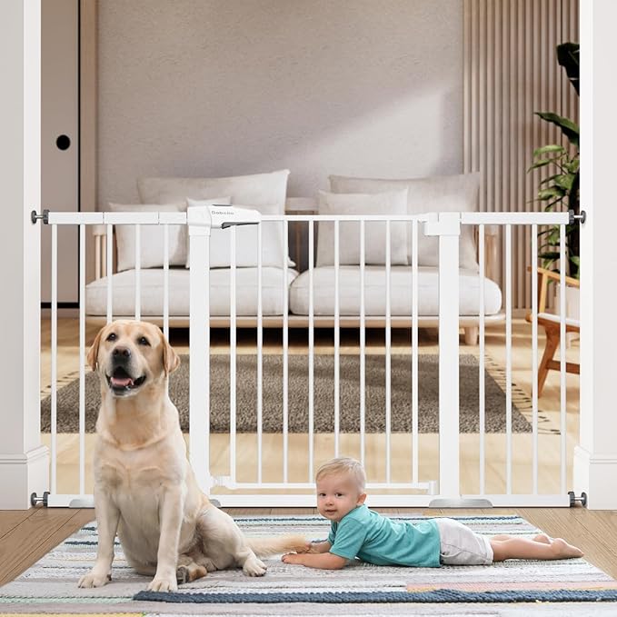BABELIO 29-55 Inch Extra Wide Baby/Dog Gate, Metal Auto Close, Pressure Mounted Pet Door for Doorways, NO Need Tools and Drilling, with Wall Cups, White-CubbioJoy