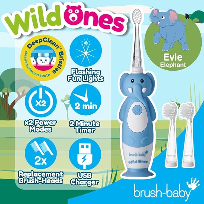 brush-baby WildOnes Kids Electric Rechargeable Toothbrush Elephant, 1 Handle, 3 Brush Heads, USB Charging Cable, for Ages 0-10 (Elephant)-CubbioJoy