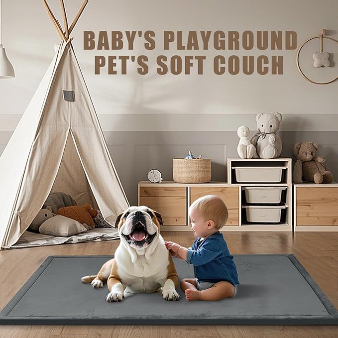 Baby Play Mat for Floor, 1.3"Thick Extra Large Cushioning Memory Foam Playpen Mat, Soft Coral Velvet Baby Crawling Mat with Non-Slip Backing, Baby Nursery Rug for Toddlers, Kids (Dark Grey, 79X59)-CubbioJoy