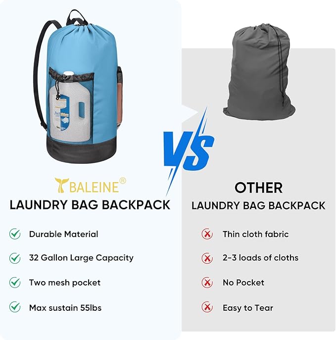 BALEINE 150L Laundry Bag Backpack, 900D Oxford Fabric Large Travel Laundry Bags with Shoulder Straps and 2 Mesh Pockets for College Dorm, Apartment, Laundromat (Blue, 150L)-CubbioJoy