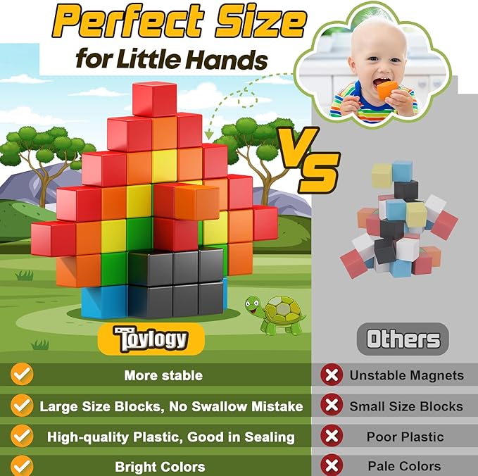 48PCS Magnetic Blocks for Toddlers Toys, Large Magnetic Cube Toy for Sensory STEM Education Preschool Magnet Toys for 3 4 5 6 Year Old Boys and Girls, Compatile with Mine Magnet World-CubbioJoy