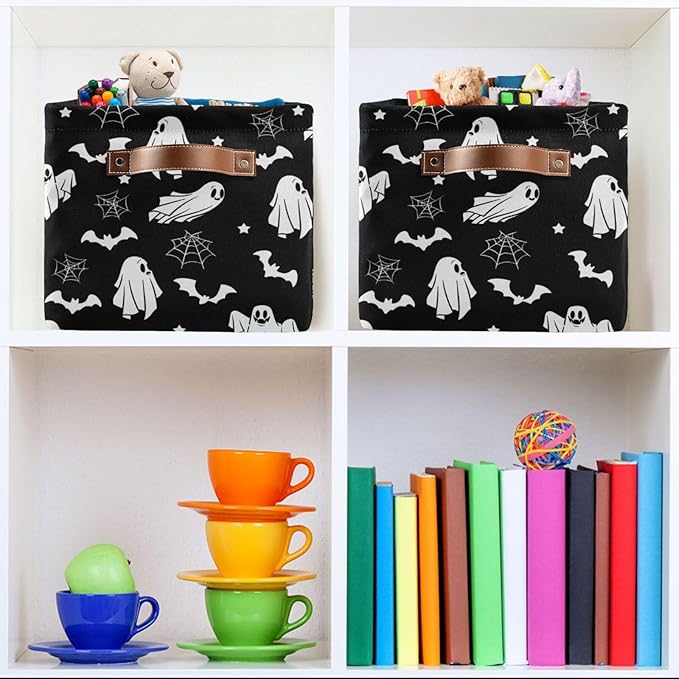 Collapsible Storage Basket Bin Happy Halloween Organizer Cube with Handle, Canvas, Black-CubbioJoy