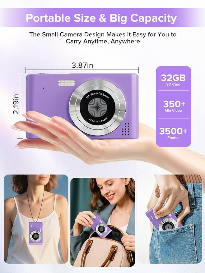 Digital Camera, Kids Camera1080P, Vlog Camera with 64GB Card, 16X Zoom Anti Shake, Card Reader, 44MP Compact Portable Small Point Shoot Digicam Gift for Kid Student Children Teen Girl Boy(Pruple)-CubbioJoy