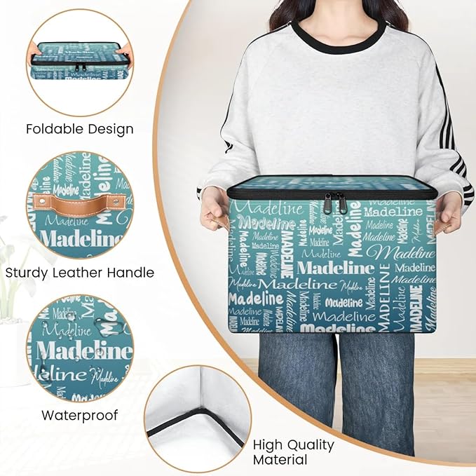 Custom Storage Basket with Name, Personalized Storage Bins with Zipper Lid, Foldable Fabric Storage Box Large capacity with Handle Grey Blue Green-CubbioJoy