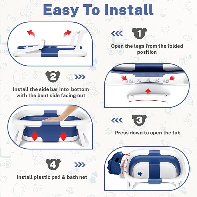 AVIDOR Baby Bathtub,Collapsible Bathtub for Newborn to Toddler,Durable Essential Infant Bath Tub,Portable Travel Baby Tub with Soft Bath Net,No-Slip Feet and Dinosaur Shaped (Navy Blue)-CubbioJoy