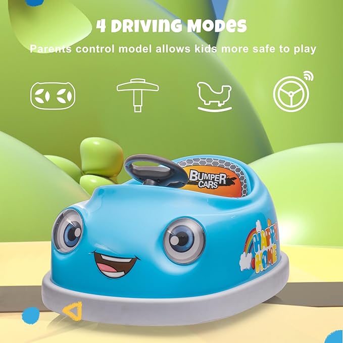 12V Dual Battery Electric Ride on Kids Bumper Car w/Remote Control,360 Degree Spin,Push Rod Rocker Horse Function,3-Speeds Babies & Toddlers Bumping Car Ride on Toy Gift for 1-4 Years Children (Blue)-CubbioJoy