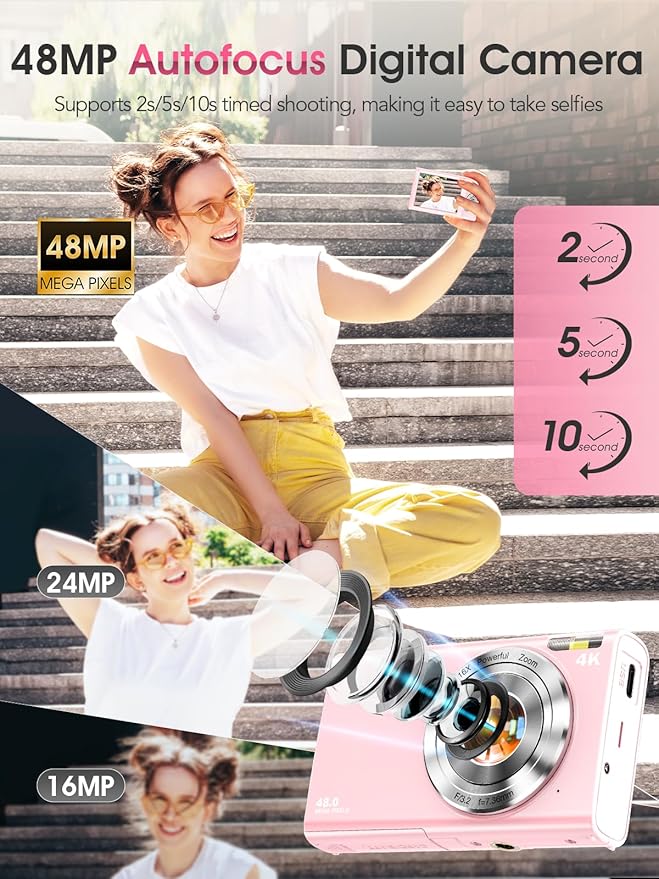 Digital Camera,Autofocus 4K Vlogging Camera for Photography with 32GB Card,48MP Portable Compact Point and Shoot Digital Camera for Teens Adult Beginner with 16X Zoom,Anti-Shake,2 Batteries(Pink)-CubbioJoy