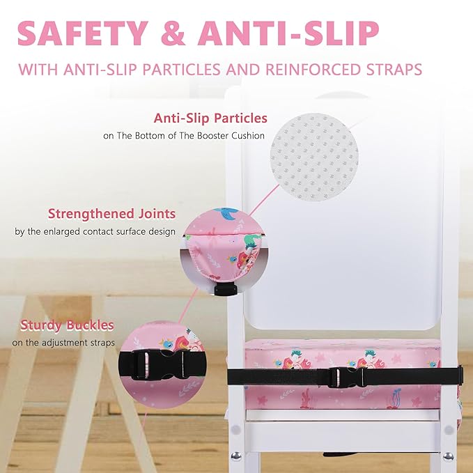 Booster Seat for Kitchen Chair with Adjustable Straps, Toddler Booster Seats for Dining Table Portable for Travel Camping Eating, Booster Cushion for Table for Baby Child Infant Kid Boy Girl-CubbioJoy