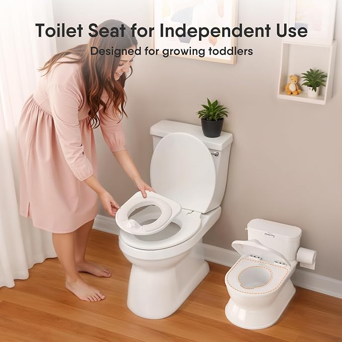 2-in-1 Toddler Potty Training Toilet - Larger Potty Chair & Detachable Training Seat for Boys & Girls Ages 1-3 with Flushing Sound, Wipes Storage, Toilet Paper Holder-CubbioJoy