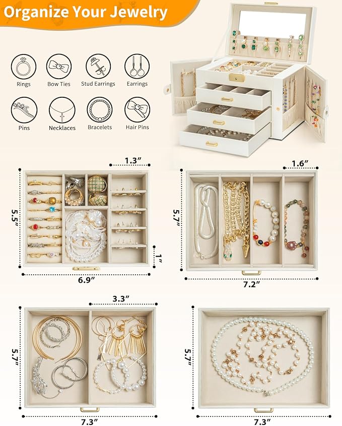 AKOZLIN Large 4-Tier Jewelry Box Leather Jewelry Storage Organizer with 3 Drawers Lockable for Women Girls Ring Necklace Earring Bracelet Watches Holder with Mirror White-CubbioJoy