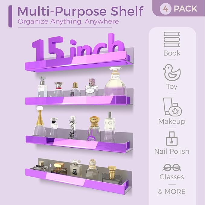 4 Pack 15 Inch Purple Reflective Acrylic Shelves, Purple Floating Shelves, Modern Sunglasses Essential Oil Picture Ledge Display Toy Storage Shelf-CubbioJoy