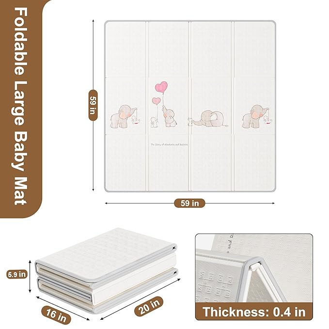 Baby Play Mat, 59x59 Inch Foldable Play Mats for Babies and Toddlers, Waterproof & Anti-Slip Reversible Portable Baby Floor Crawling Mat Foam Playmat for Tummy Time-CubbioJoy