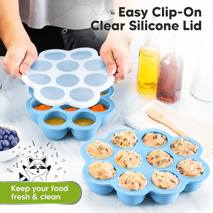 KeaBabies Silicone Food Freezer Trays with Lid, 2oz x 10 Pods Baby Food Storage Containers, Easy Puree Meal Prep, Breast Milk Silicone Freezer Molds, Dishwasher, Microwave Safe, BPA-Free (Misty Blue)-CubbioJoy