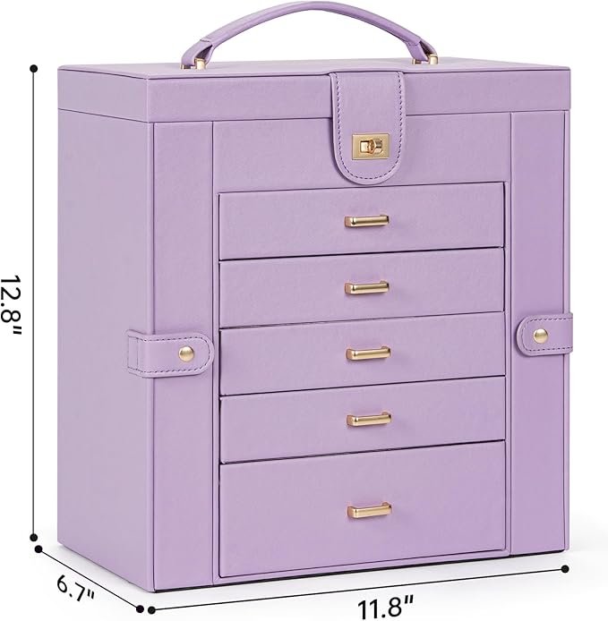 AKOZLIN Extra Large 6-Tier Jewelry Box Organizer Functional Huge, 5 Drawers Leather Jewelry Storage Case for Women Girls Ring Necklace Earring Bracelet Holder Organizer with Mirror Violet-CubbioJoy