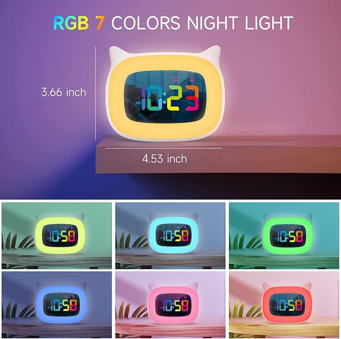 Cute Cat Ear Alarm Clock with RGB 7 Color Night Light & 18 Ringtones,Rechargeable Clock for Kids Bedroom,LED Colorful Digital Display,Bedside Clock for Boys,Girls Birthday Presents(White)-CubbioJoy
