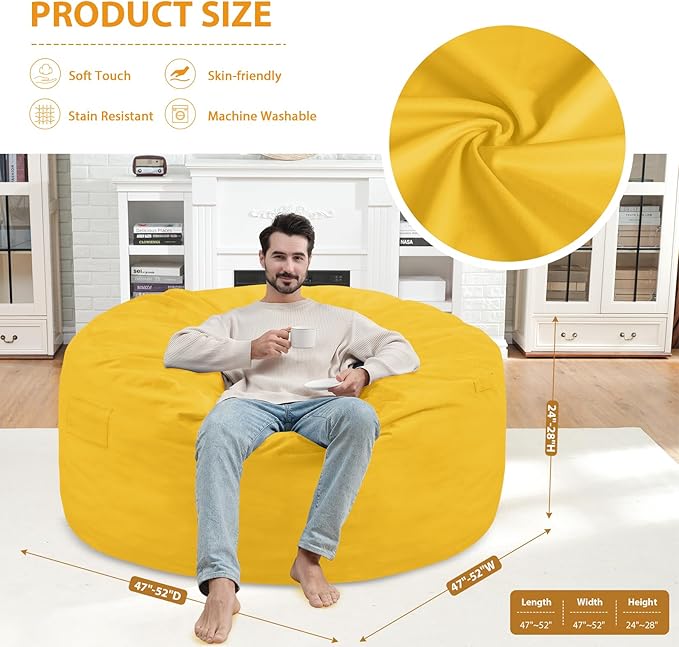 5FT Bean Bag Chair, Large Bean Bag Chairs with Memory Foam Filled, Fluffy Beanbag Sofa with Dutch Velvet Cover, Round BeanBag Chairs for Living Room, Playroom - Lemon-CubbioJoy