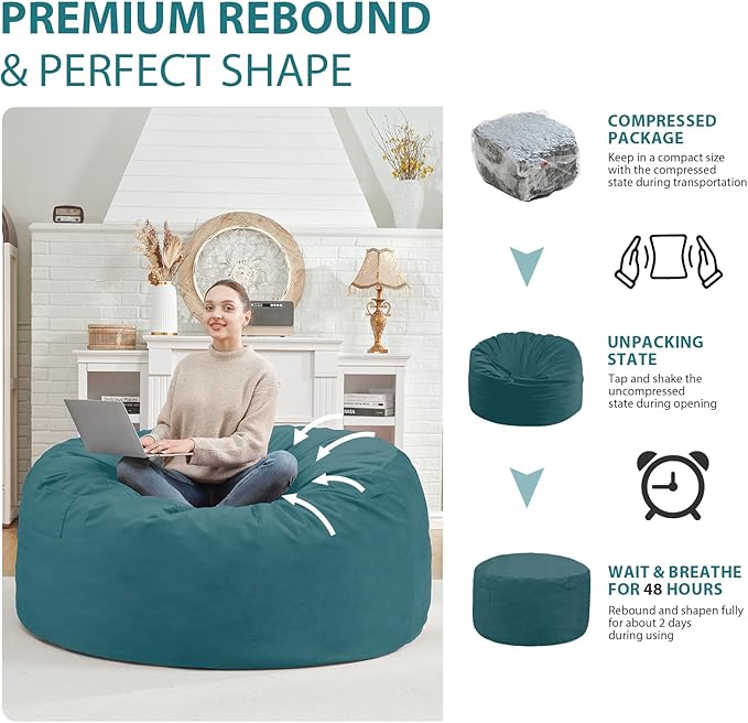 4FT Bean Bag Chair, Large Bean Bag Chairs with Memory Foam Filled, Fluffy Beanbag Sofa with Dutch Velvet Cover, Round BeanBag Chairs for Living Room, Playroom - Sea Blue-CubbioJoy