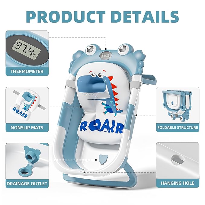 Collapsible Baby Bathtub for Newborns to Toddler with Real-time Temp Monitor & Floating Cushion,Portable Travel Tub for 0-36 Month, Foldable Baby Bath Tub for Infants Boy (Light Blue)-CubbioJoy