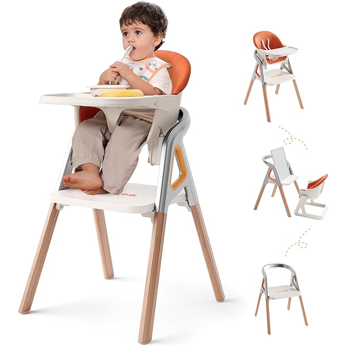 CoziBB Baby High Chair, 6 in 1 Convertible Growing Baby Highchairs for Babies and Toddlers, Baby Chair with Adjustable Dining Tray and Seat, 5-Point Safety Belt,White-CubbioJoy