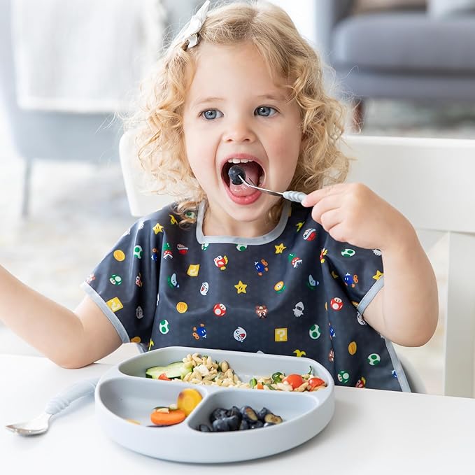 Bumkins Toddler Utensils, Kids Size Fork and Spoon Set, Silicone and Stainless-Steel Training Silverware, Angled Forks / Sporks for Self-Feeding, Children Hold Learning to Eat, 18 Months Up, Gray-CubbioJoy