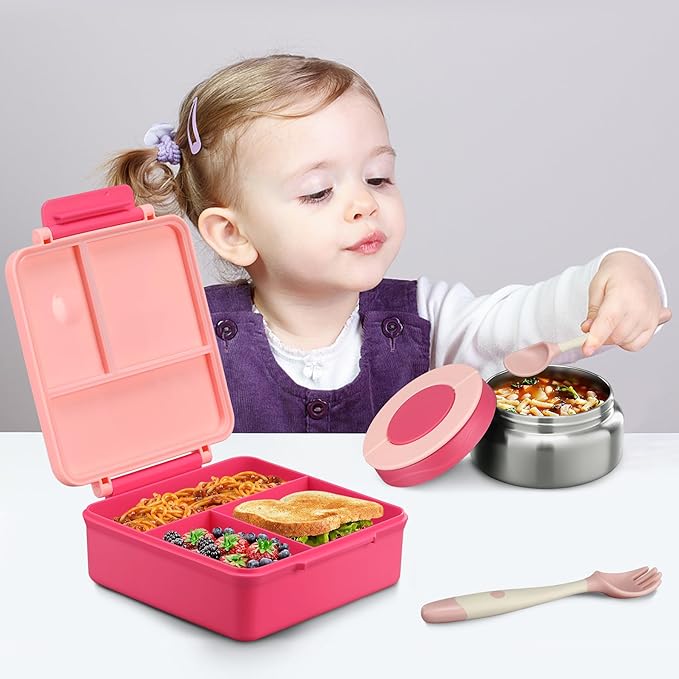 Bento Lunch Box for Kids with 8oz Soup Thermo&Lunch Bag, Leak-Proof Lunch Food Containers with 4 Compartment, Hot Food Insulated Food Jar for Kids School (Pink)-CubbioJoy