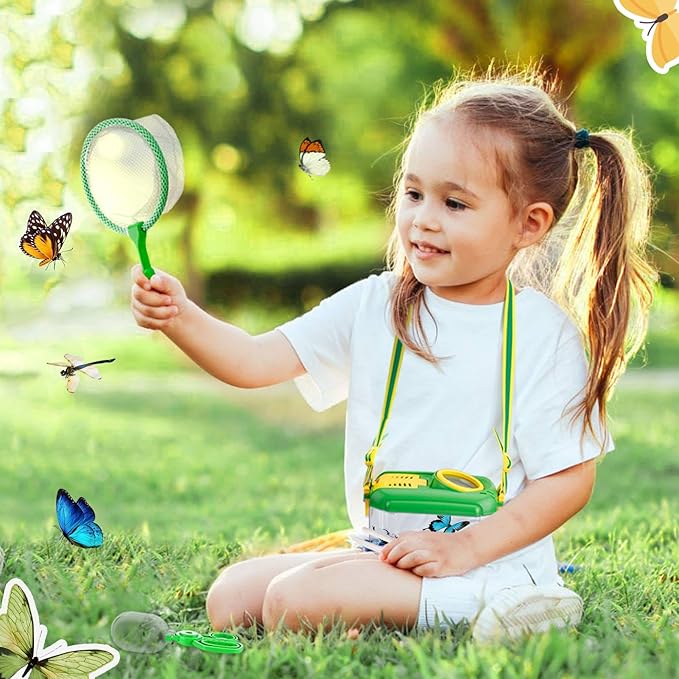 2 Set Bug Catcher for Kids- Educational Bug Catching Kit Including Butterfly Net, Insect Clip, Tweezer, Outdoor Toys for Kids Ages 3-10 (Green)-CubbioJoy