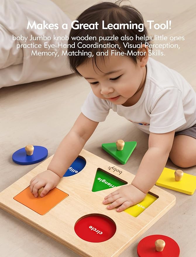 Boby Montessori Wooden Puzzle Board Knob Wooden Puzzle Geometric Shape Puzzle Early Education Material Sensorial Toy for Toddler Shape & Color Sorter (5 Geometry Shape)-CubbioJoy