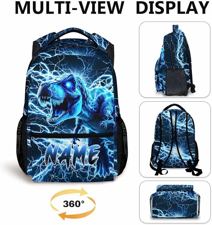 Dinosaur Backpack for Boys, Kids Custom Lightning Bookbag Gift with Name for Kindergarten Primary Senior Middle, 17 Inch Lightweight Cool Personalized Backpacks for School-CubbioJoy