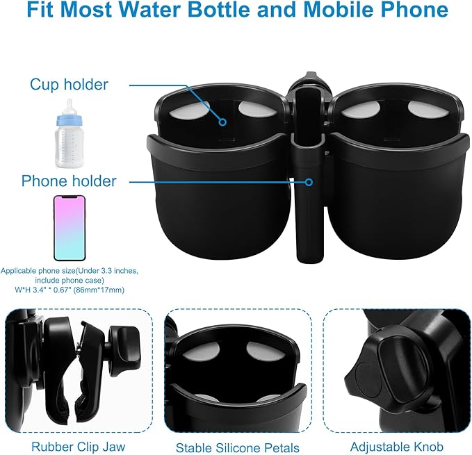 Accmor Stroller Cup Holder with Phone Holder, Universal Cup Holder for Uppababy Nuna Doona Strollers, 2-in-1 Bottle Phone Holder for Bike, Wheelchair, Walker, Scooter-CubbioJoy