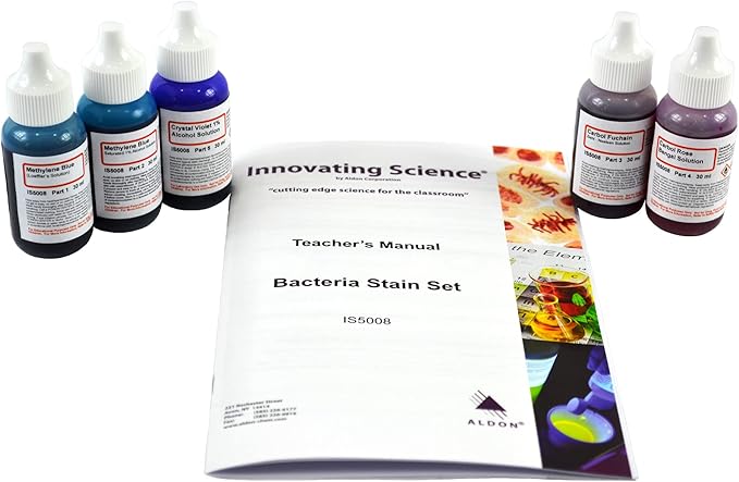 ALDON Innovating Science Bacteria Stain Set - 5 Microscope Slide Stains in 30mL Dropper Bottles: Methylene Blue (2), Carbol Fuchsin, Carbol Rose Bengal, Crystal Violate-CubbioJoy