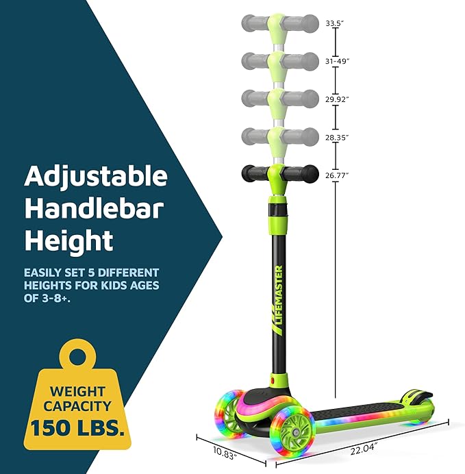 3-Wheel Kids Scooter with Multi-Color Lights on Deck & Wheels – 5-Height Adjustable Handlebar, Wide Anti-Slip Deck, Child Safety Certified, Boys & Girls Ages 3+ Supports Up to 150 lbs-CubbioJoy