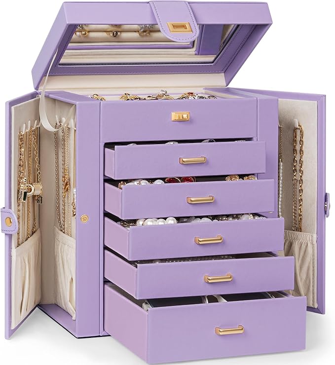 AKOZLIN 6-Tier Jewelry Box Organizer Functional 5 Drawers Leather Jewelry Storage Case for Women Girls Ring Necklace Earring Bracelet Holder Organizer with Mirror Violet-CubbioJoy