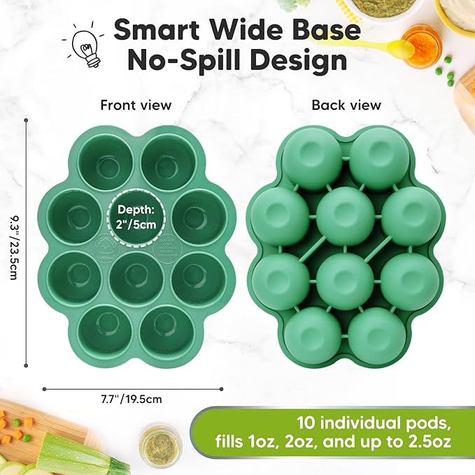 KeaBabies Silicone Food Freezer Trays with Lid, 2oz x 10 Pods Baby Food Storage Containers, Easy Puree Meal Prep, Breast Milk Silicone Freezer Molds, Dishwasher,Microwave Safe,BPA-Free(Alpine Green)-CubbioJoy