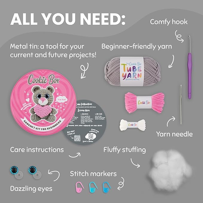 Cookie Box Crochet Kit for Beginners - Learn to Craft Amigurumi Stuffed Animals - Knitting Gift for Kids and Adults - Beginner-Friendly Yarn - Stitch-by-Stitch Video Tutorial - Bear Ted-CubbioJoy