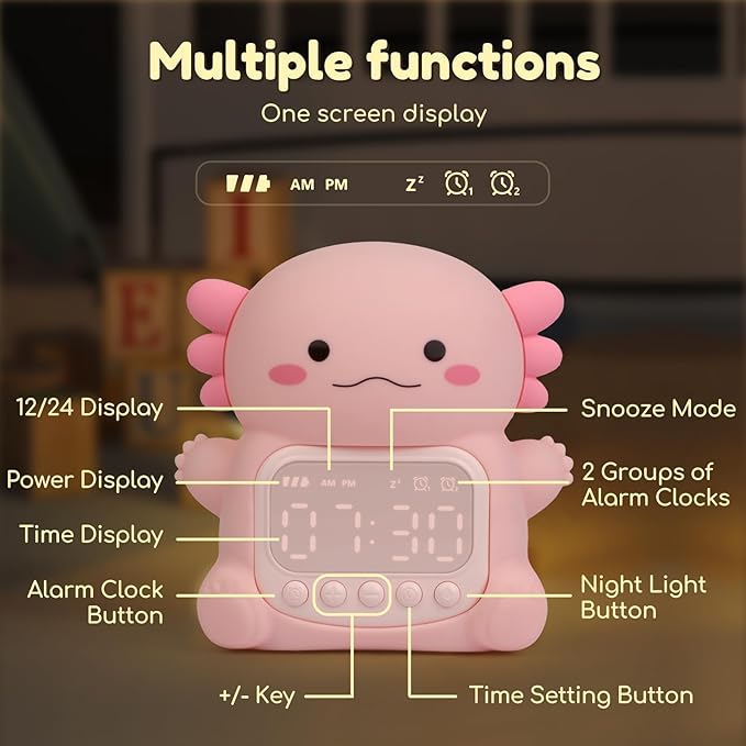 Axolotl Alarm Clock with Night Light for Kids, 7 RGB Color Cute Alarm Clocks for Bedrooms Ok to Wake Clocks, Silicone Animal Tabletop Lamp for Teen Girls Boys-CubbioJoy