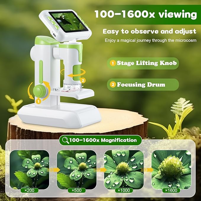 1600X Digital Microscope for Kids, Upgraded Portable Microscope with 4.0 inch HD Screen, 2-in-1 Desktop Handheld Miniscope Rechargeable Student Education Science Microscopes Gift for Kids-CubbioJoy