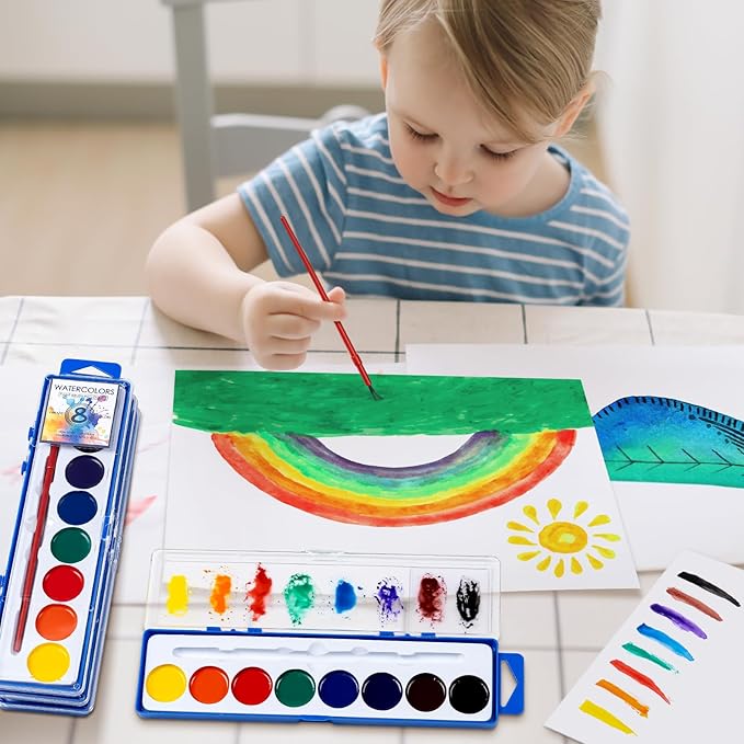 36 Pack Watercolor Paint Set, Washable Watercolor Paint Bulk for Kids, Water Color Paint with Paint Brushes, Ideal Gifts for Party Favors, School Supplies & Classroom Prizes, Art Activities, 8 Colors-CubbioJoy