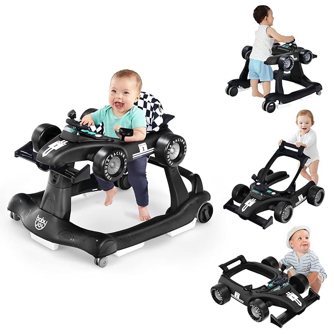 BABY JOY 4-in-1 Baby Walker, Foldable Activity Walker with Adjustable Height & Speed, Music, Lights, Anti-Rollover, Toddler Push Walker, Baby Walker with Wheels for Boys Girls 6-18 Months (Black)-CubbioJoy