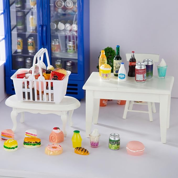 50 Pcs Miniature Food Drink Bottles Soda Pop Cans Pretend Play Kitchen Game Party Accessories Toys Hamburg Cake Ice Cream for 1/12 Doll House (25Food+25Drink)-CubbioJoy