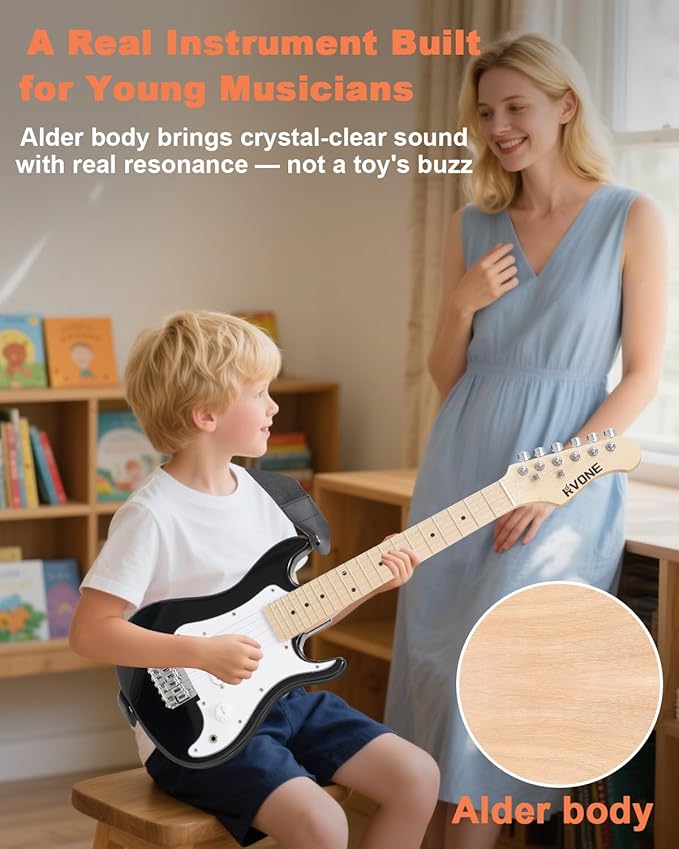 30 Inch Kids Electric Guitar Kit Beginner Complete Bundle with Smooth Fingerboard, Lightweight Design for Child, 5W Practice Amp, Gig Bag, Tuner, Strap, Cable, Picks, Extra Strings, RST-70 Black-CubbioJoy