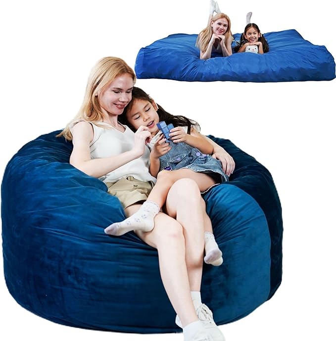 Bmag Giant Bean Bag Chair for Adults, 6FT Bean Bag Chair Convertible Bean Bag Pad, Lazy Sofa Chairs with Memory Foam Filler, Removable Washable Cover for Living Room Bedroom Office - Blue-CubbioJoy