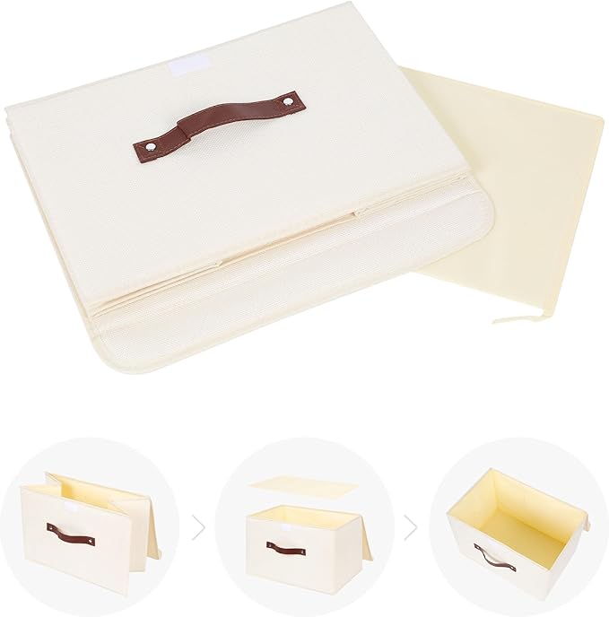 ANMINY 4PCS Storage Bins with Lid PU Leather Handles Storage Boxes PP Plastic Board Decorative Foldable Lidded Cotton Linen Fabric Home Cubes Baskets Closet Organizer Containers - Beige, Large Size-CubbioJoy