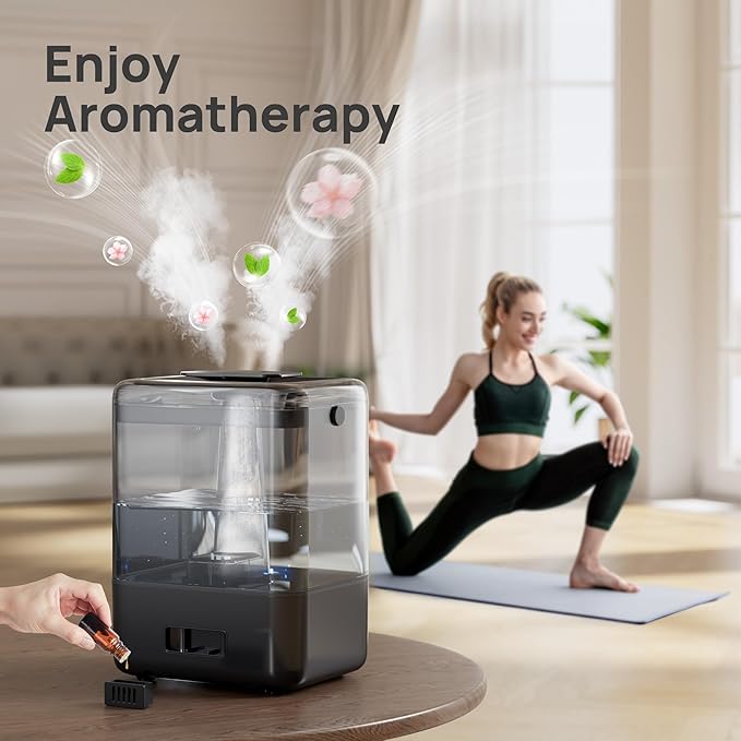 CHIVALZ 6L Humidifiers for Bedroom Large Room Home, Cool Mist Top Fill Humidifiers for Baby Nursery and Plants, 26dB Quiet, Nightlight, Up to 50 Hours, Oil Diffuser 1 Pack + 2 Mist Outlets Black-CubbioJoy