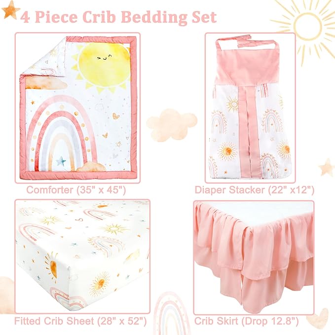4-Piece Crib Bedding Set for Girls, Includes Comforter, Fitted Crib Sheet, Crib Skirt, and Diaper Stacker, Pink Rainbow-CubbioJoy